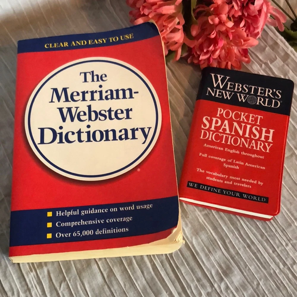 MERRIAM WEBSTER DICTIONARY & POCKET SPANISH DICTIONARY lot of 2 paperback books